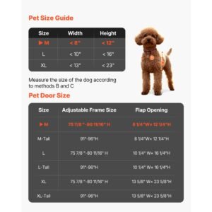 dog door for sliding glass door, 91 to 96 in adjustable height, aluminum alloy frame with metal rotating hinges, lock design, 8 1/4 x 12 1/4 in flap, sliding glass pet door for renters