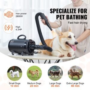 dog dryer, 2000w/2.7hp dog blow dryer, pet grooming dryer with adjustable speed and temperature control, pet hair dryer with 4 nozzles and extendable hose, black