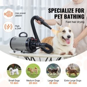 dog dryer, 2000w/2.7hp dog blow dryer, pet grooming dryer with adjustable speed and temperature control, pet hair dryer with 4 nozzles and extendable hose, grey and black