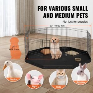 dog playpen, 8 panels foldable metal dog exercise pen with bottom pad, 24" h pet fence puppy crate kennel with ground stakes, indoor outdoor dog pen for small medium pets, for camping, yard