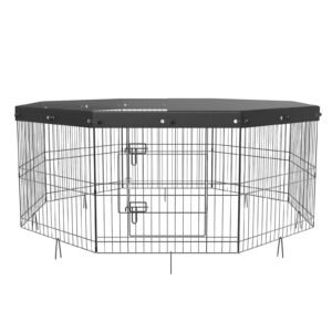 dog playpen, 8 panels foldable metal dog exercise pen with top cover, 24" h pet fence puppy crate kennel with ground stakes, indoor outdoor dog pen for small medium pets, for camping, yard