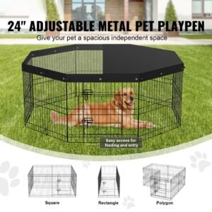 dog playpen, 8 panels foldable metal dog exercise pen with top cover, 24" h pet fence puppy crate kennel with ground stakes, indoor outdoor dog pen for small medium pets, for camping, yard