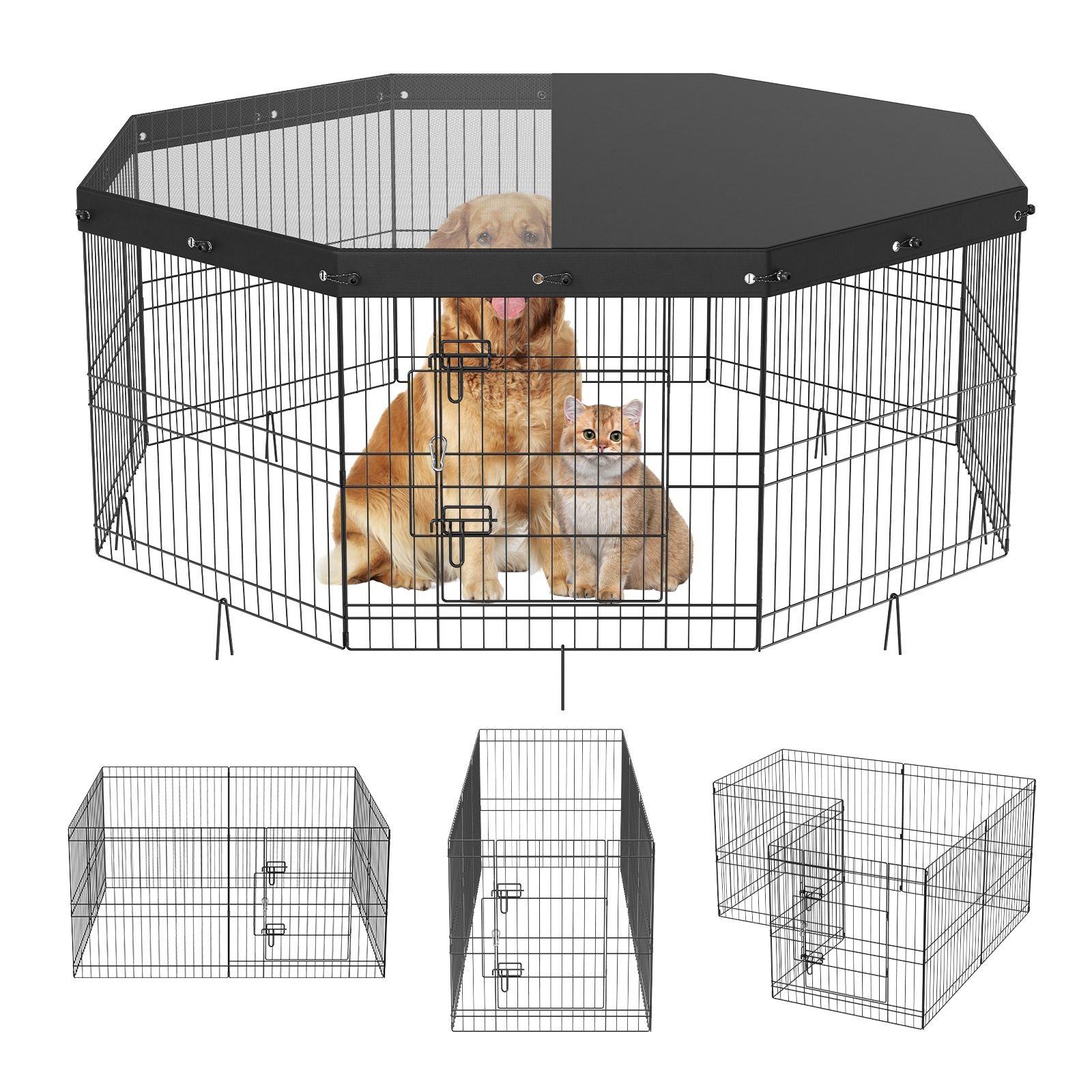 dog playpen, 8 panels foldable metal dog exercise pen with top cover, 24" h pet fence puppy crate kennel with ground stakes, indoor outdoor dog pen for small medium pets, for camping, yard