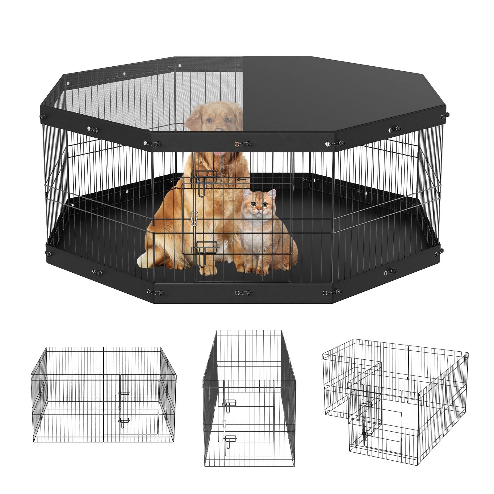 dog playpen, 8 panels foldable metal dog exercise pen with top cover and bottom pad, 24" h pet fence puppy crate kennel, indoor outdoor dog pen for small medium pets, for camping, yard