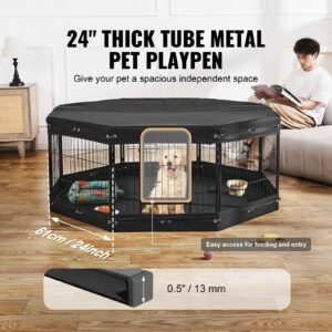 dog playpen, 8 pcs 24 x 24 in panels foldable metal pet exercise pen, dog fence indoor and outdoor pen with door, storage bag, top cover and bottom pad, for dogs, cats and other small animals