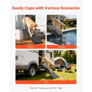 dog ramp for cars, 71" l x 17" w, folding pet ramps for medium & large dogs up to 250lbs, pet stair ramp with non slip felt rug surface, portable outdoor dog car ramps for suv & truck