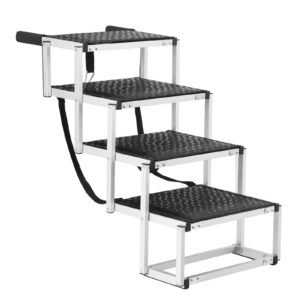 dog stair for cars, wide 4 step dog car steps, folding dog car ramp with nonslip surface, portable pet steps lightweight aluminum for car, suv and truck, supports up to 150 lbs