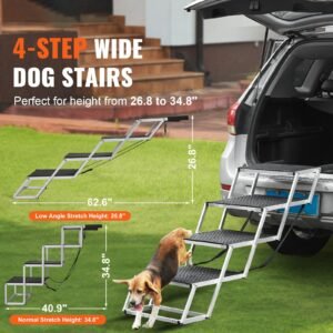 dog stair for cars, wide 4 step dog car steps, folding dog car ramp with nonslip surface, portable pet steps lightweight aluminum for car, suv and truck, supports up to 250 lbs