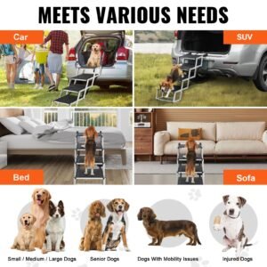 dog stair for cars, wide 4 step dog car steps, folding dog car ramp with nonslip surface, portable pet steps lightweight aluminum for car, suv and truck, supports up to 250 lbs