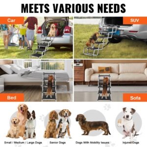 dog stair for cars, wide 5 step dog car steps, folding dog car ramp with nonslip surface, portable pet steps lightweight aluminum for car, suv and truck, supports up to 150 lbs