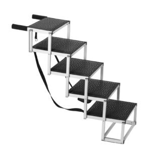 dog stair for cars, wide 5 step dog car steps, folding dog car ramp with nonslip surface, portable pet steps lightweight aluminum for car, suv and truck, supports up to 150 lbs
