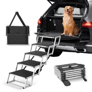 dog stair for cars, wide 5 step dog car steps, folding dog car ramp with nonslip surface, portable pet steps lightweight aluminum for car, suv and truck, supports up to 150 lbs