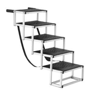 dog stair for cars, wide 5 step dog car steps, folding dog car ramp with nonslip surface, portable pet steps lightweight aluminum for car, suv and truck, supports up to 150 lbs