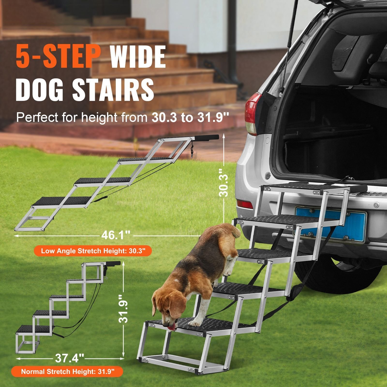 dog stair for cars, wide 5 step dog car steps, folding dog car ramp with nonslip surface, portable pet steps lightweight aluminum for car, suv and truck, supports up to 150 lbs
