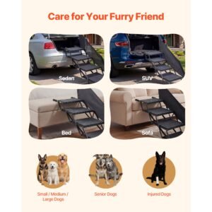dog stairs for car, 4 steps extra wide foldable dog ramp for large dogs with non slip rug surface, portable lightweight pet ladder for car, suv, truck, high beds, sofas, support up to 400 lbs