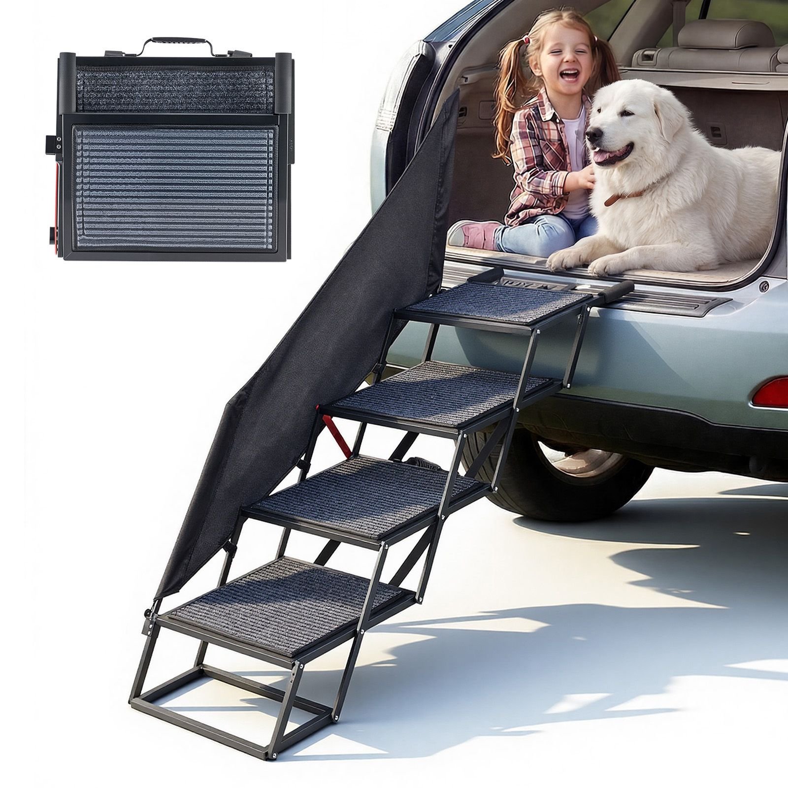 dog stairs for car, 4 steps extra wide foldable dog ramp for large dogs with non slip rug surface, portable lightweight pet ladder for car, suv, truck, high beds, sofas, support up to 400 lbs