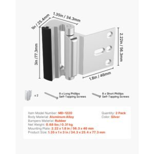 door reinforcement lock, 2 pack home security door lock, with 3 inch stop withstand 800 lbs of force, with 8 screws, for inward opening, aluminum alloy, add extra high security to your home