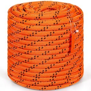 double braided polyester rope, 3/4 in x 220 ft, 24 strands, 12700 lbs breaking strength outdoor rope, arborist rigging rope for rock hiking camping swing rappelling rescue, orange/black