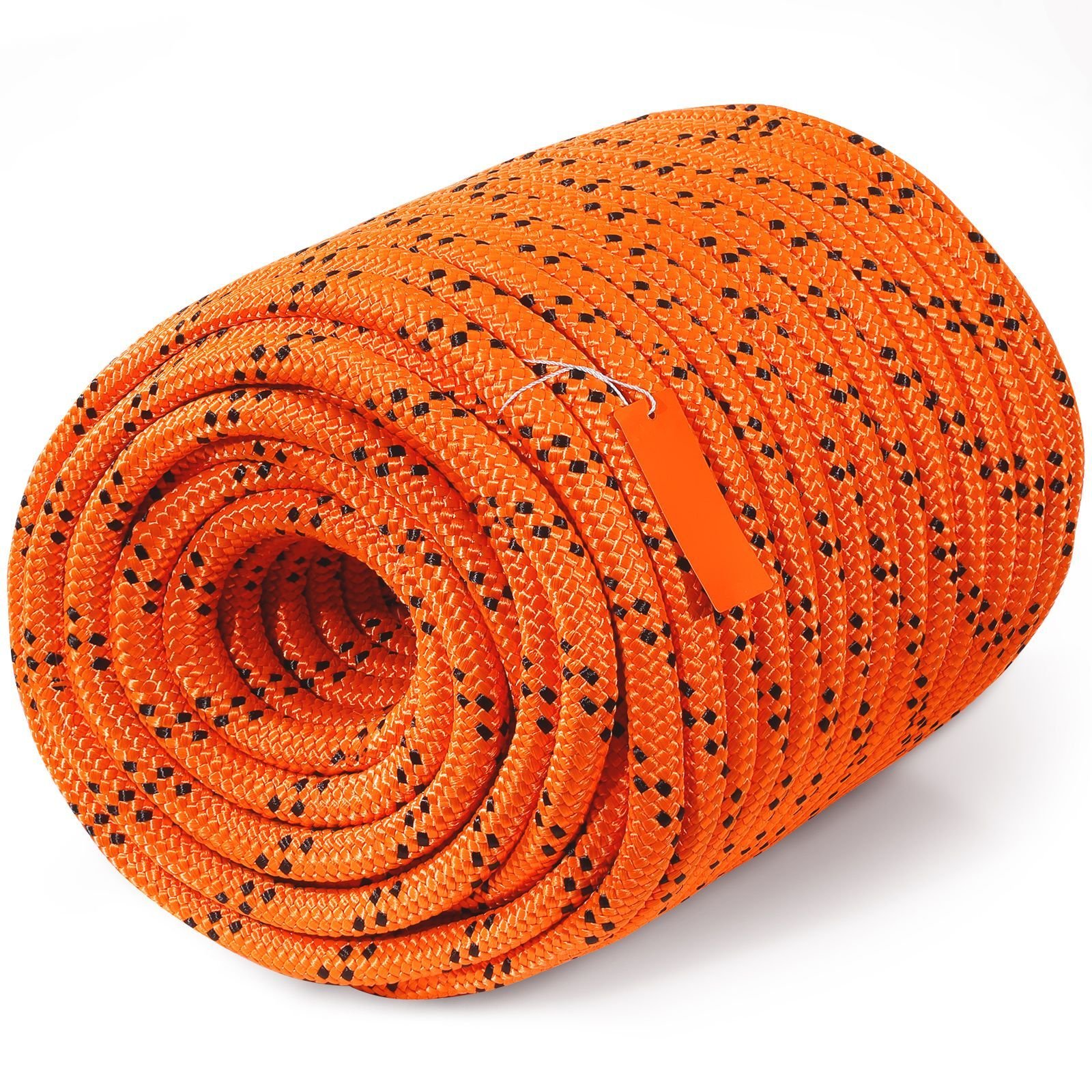 double braided polyester rope, 3/4 in x 220 ft, 24 strands, 12700 lbs breaking strength outdoor rope, arborist rigging rope for rock hiking camping swing rappelling rescue, orange/black