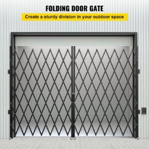 double folding security gate, 6 1/2' h x 12' w folding door gate, steel accordion security gate, flexible expanding security gate, 360° rolling barricade gate, scissor gate or door with keys