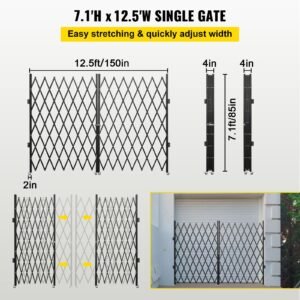 double folding security gate, 6 1/2' h x 12' w folding door gate, steel accordion security gate, flexible expanding security gate, 360° rolling barricade gate, scissor gate or door with keys