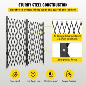 double folding security gate, 6 1/2' h x 12' w folding door gate, steel accordion security gate, flexible expanding security gate, 360° rolling barricade gate, scissor gate or door with keys