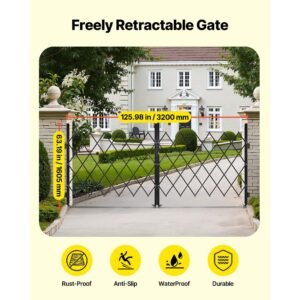 double folding security gate, lockable scissor gate with 360° swivel casters, outdoor barricade steel retractable gates, for entry security, garage, warehouse & pool, 125.98 x 63.19 in (w x h)