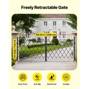 double folding security gate, lockable scissor gate with 360° swivel casters, outdoor barricade steel retractable gates, for entry security, garage, warehouse & pool, 129.92 x 63.19 in (w x h)