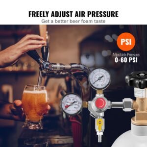 double gauge regulator, co2 regulator gauge with 0 60psi, heavy duty co2 gauge gas system, draft beer regulator with check valve, adjustable pressure regulator for draft beer homebrew, cga320