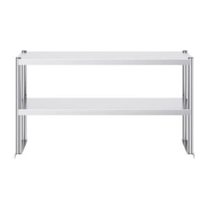 double overshelf, double tier stainless steel overshelf, 12 x 48 inch double deck overshelf, height adjustable overshelf prep work table for kitchen, restaurant and workshop
