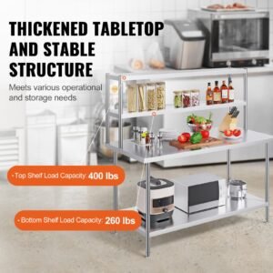 double overshelf, double tier stainless steel overshelf, 12 x 60 inch double deck overshelf, height adjustable overshelf prep work table for kitchen, restaurant and workshop