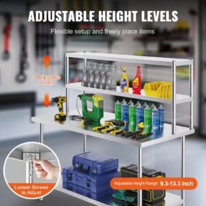 double overshelf, double tier stainless steel overshelf, 12 x 60 inch double deck overshelf, height adjustable overshelf prep work table for kitchen, restaurant and workshop