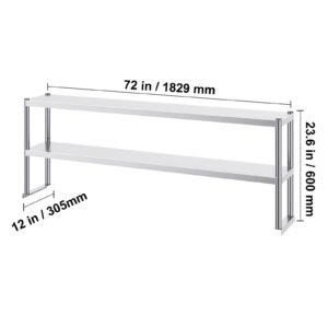 double overshelf, double tier stainless steel overshelf, 12 x 72 inch double deck overshelf, height adjustable overshelf prep work table for kitchen, restaurant and workshop