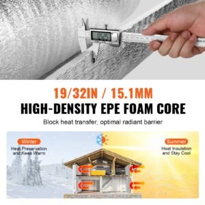 double reflective insulation roll, foam core radiant barrier, 15.1mm 48 in x 25 ft, double sided aluminum foil epe foam heat reflective shield, thermal insulation roll for window rv roof
