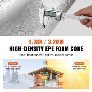 double reflective insulation roll, foam core radiant barrier, 3.2 mm 48 in x 50 ft, double sided aluminum foil epe foam heat reflective shield, thermal insulation roll for window rv roof