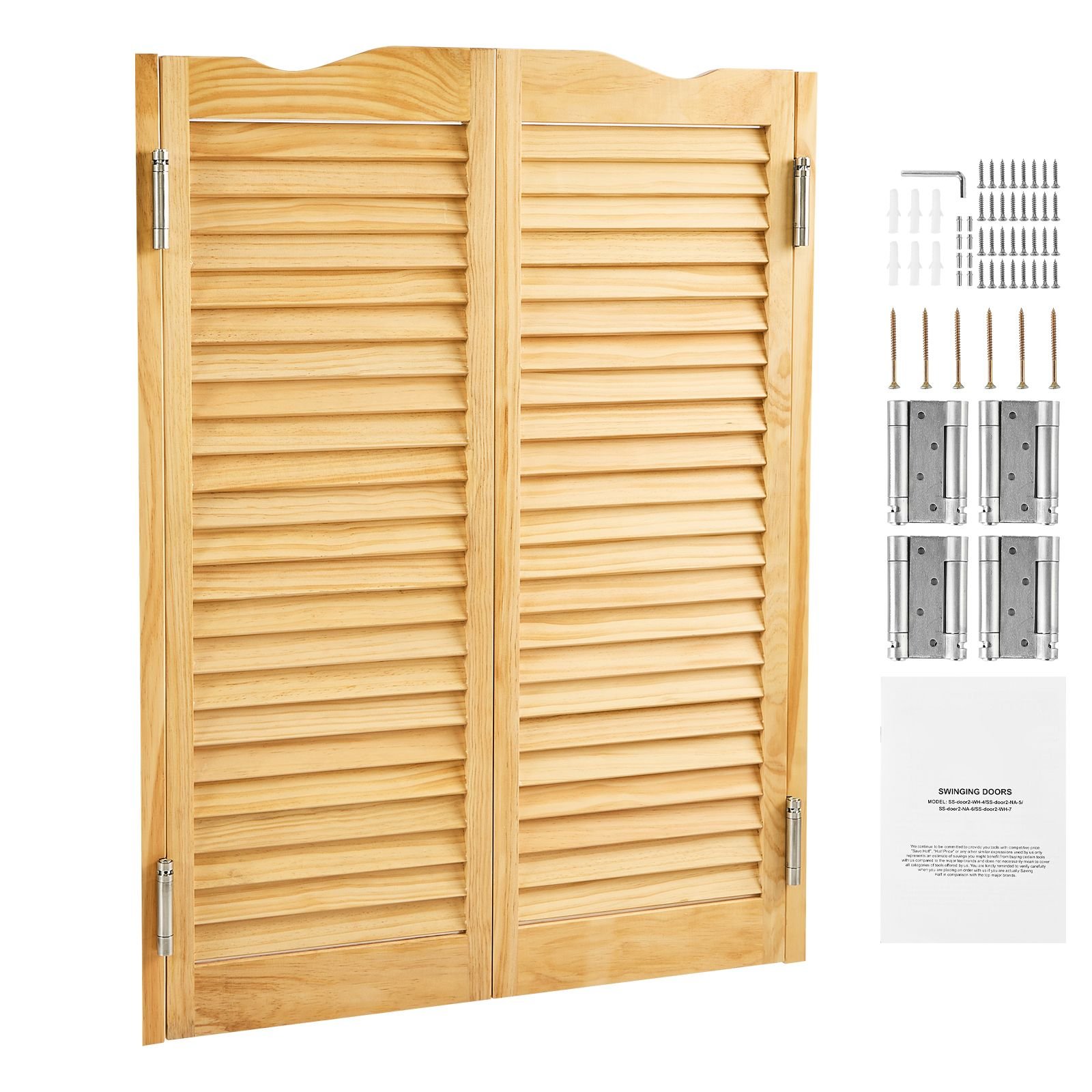 double saloon doors, 36"w x 42" h arched top interior swinging cafe doors, premium pine wood, with hinges & hardware kit, easy to install, for hallway kitchen bar pub entrance, log color