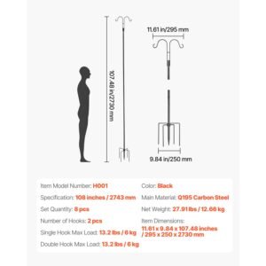 double shepherds hooks for outdoor, 8 pack 108 inch heavy duty bird feeder pole, 3/4 inch thick garden hooks for hanging hummingbird feeder, plant baskets, solar light lanterns,wind chimes