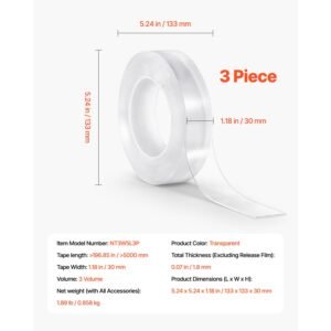 double sided tape heavy duty, 16 ft nano mounting tape( 3 pack), strong adhesive & reusable, clear two sided wall tape, removable poster picture hanging strips for home office car outdoor use