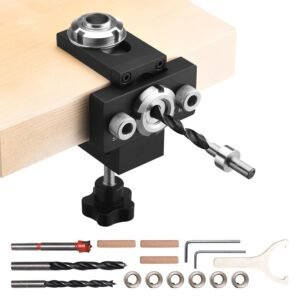 doweling jig kit, self centering dowel drill jig for straight holes, aluminum alloy woodworking joints tool with 3 size drill bits 5/16", 3/8", and 19/32", adjustable width, for wood working