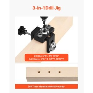 doweling jig kit, self centering dowel drill jig for straight holes, aluminum alloy woodworking joints tool with 3 size drill bits 5/16", 3/8", and 19/32", adjustable width, for wood working