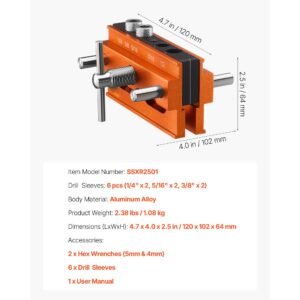doweling jig kit, self centering dowel drill jig for straight holes, aluminum alloy woodworking tools with 6 drill guide bushings, adjustable width, for wood working, drilling and marking