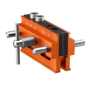 doweling jig kit, self centering dowel drill jig for straight holes, aluminum alloy woodworking tools with 6 drill guide bushings, adjustable width, for wood working, drilling and marking