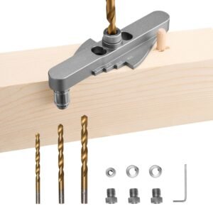 doweling jig kit, self centering dowel drill jig for straight holes, with drill bit set 1/4", 5/16", 3/8" and drill bit stop collar set, aluminum alloy woodworking tools for drilling, marking