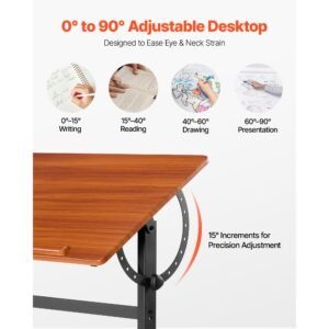 drafting table, adjustable 0°–90° tilt drawing desk, portable artist table with black h frame and brown desktop, wooden painting desk craft workstation for reading, writing, crafting, meeting