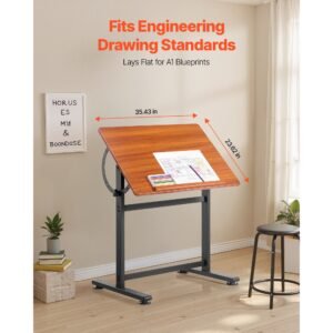 drafting table, adjustable 0°–90° tilt drawing desk, portable artist table with black h frame and brown desktop, wooden painting desk craft workstation for reading, writing, crafting, meeting