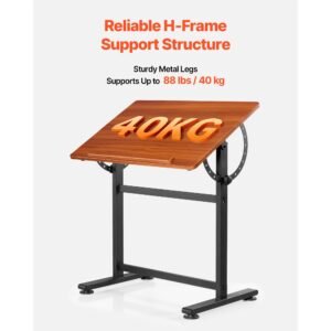 drafting table, adjustable 0°–90° tilt drawing desk, portable artist table with black h frame and brown desktop, wooden painting desk craft workstation for reading, writing, crafting, meeting