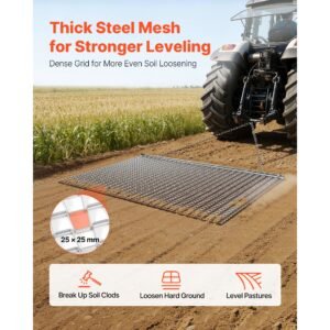 drag harrow, 6 x 3 ft, high efficiency chain harrow rake, atvs utvs tractors attachments, durable galvanized steel mesh drag mat with towing chain, for gravel driveway ruts farm field leveling