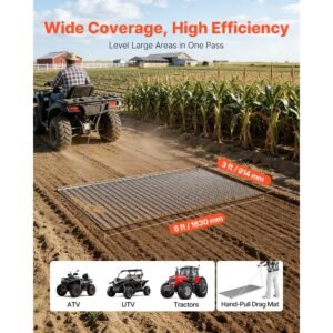 drag harrow, 6 x 3 ft, high efficiency chain harrow rake, atvs utvs tractors attachments, durable galvanized steel mesh drag mat with towing chain, for gravel driveway ruts farm field leveling