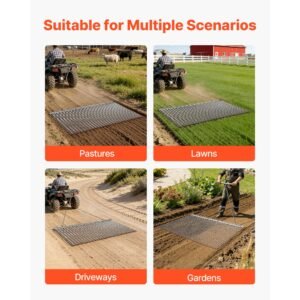 drag harrow, 6 x 3 ft, high efficiency chain harrow rake, atvs utvs tractors attachments, durable galvanized steel mesh drag mat with towing chain, for gravel driveway ruts farm field leveling