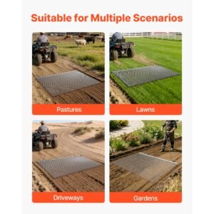 drag harrow, 6.6 x 4 ft, high efficiency chain harrow rake, atvs utvs tractors attachments, durable galvanized steel mesh drag mat with towing chain, for gravel driveway ruts farm field leveling